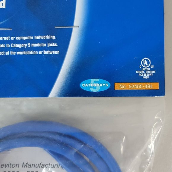 2/$15 NEW Leviton CAT 5 3-Foot Patch Cord Blue 52455-3BL Network Cable Ethernet - Picture 3 of 7
